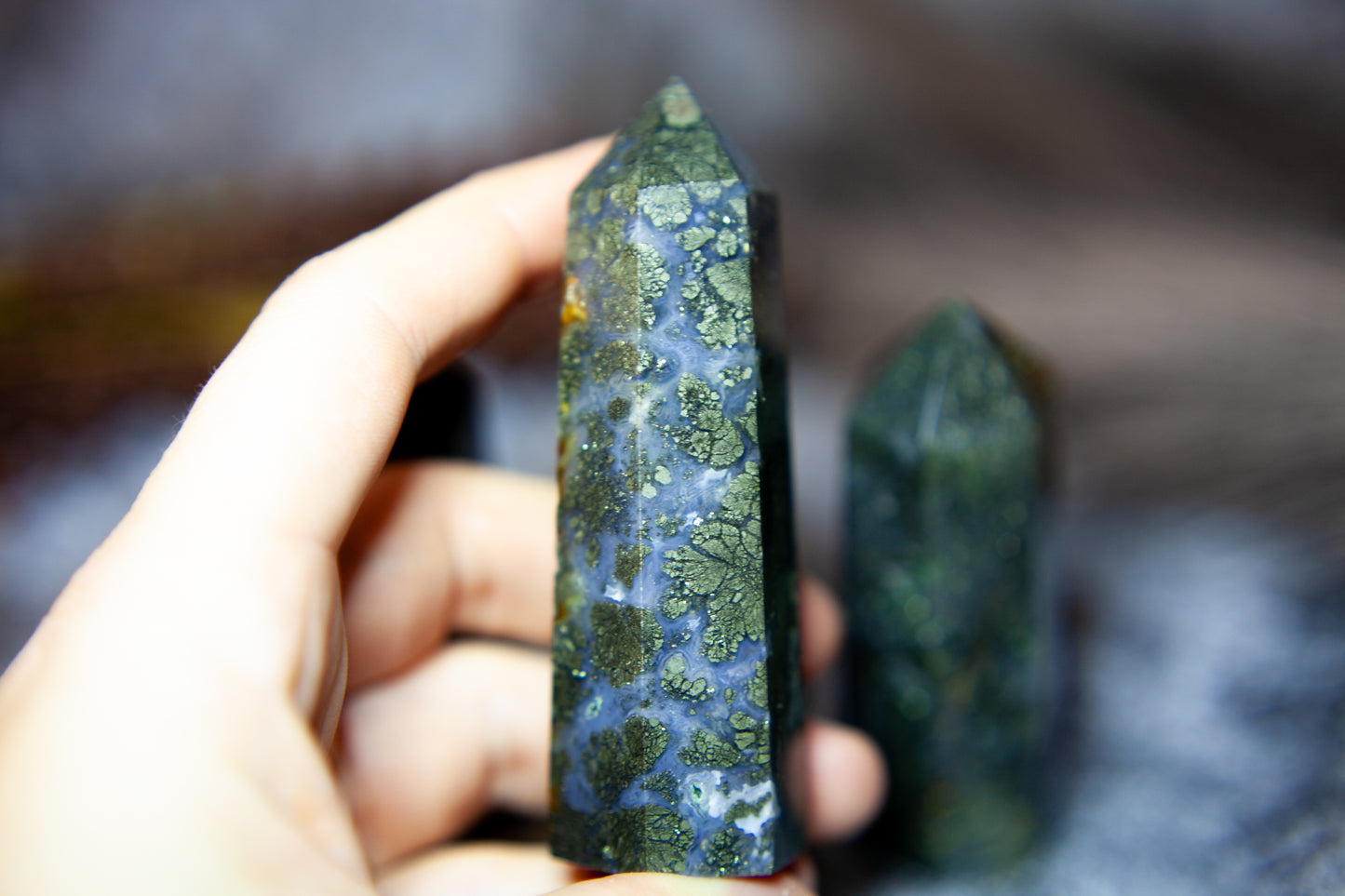 Pyrite in Blue Chalcedony and Quartz - point