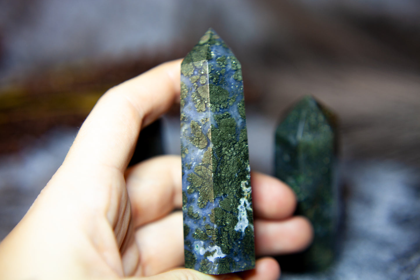 Pyrite in Blue Chalcedony and Quartz - point