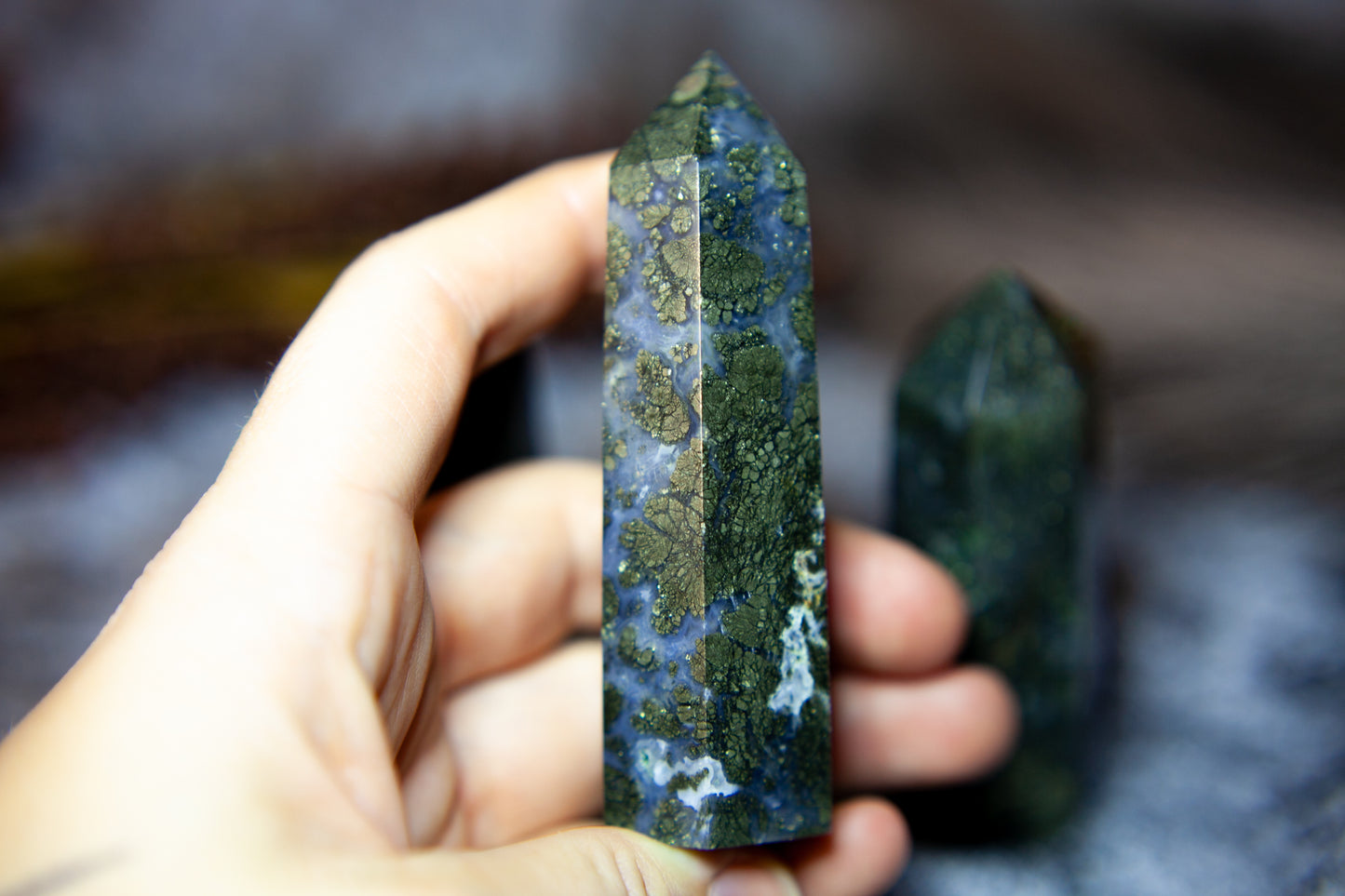 Pyrite in Blue Chalcedony and Quartz - point