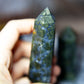 Pyrite in Blue Chalcedony and Quartz - point