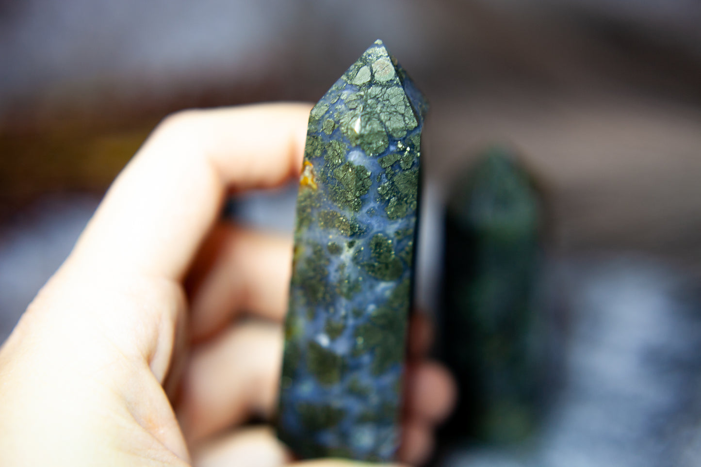 Pyrite in Blue Chalcedony and Quartz - point