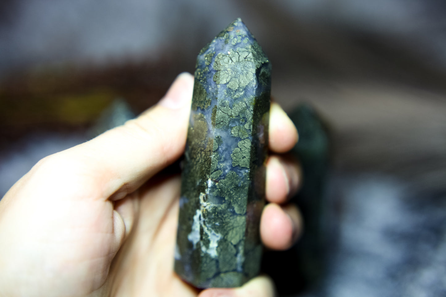 Pyrite in Blue Chalcedony and Quartz - point